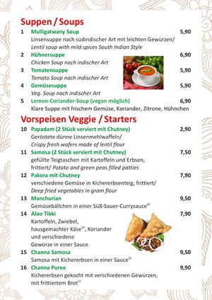 Speisekarte Seite 2: Suppen und vegetarische Vorspeisen