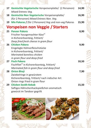 Speisekarte Seite 3: Vorspeisenplatten und Vorspeisen mit Fleisch
