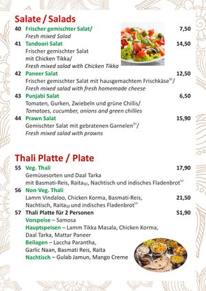 Speisekarte Seite 4: Salate und Thali-Platten