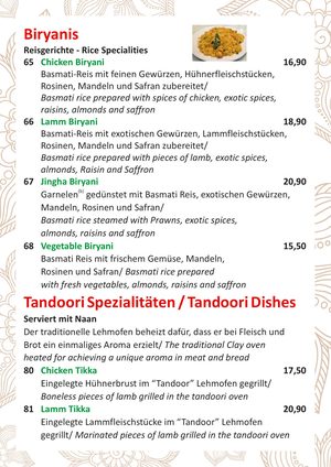 Speisekarte Seite 5: Biryani und Tandoori-Spezialitäten