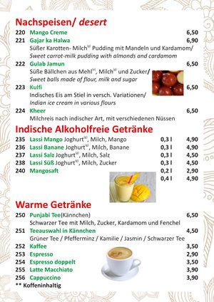 Speisekarte Seite 17: Nachspeisen, indische und warme Getränke
