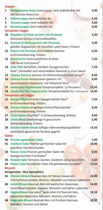 Speisekarte Seite 2: Suppen, Vorspeisen, Salate, Biryani