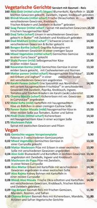 Speisekarte Seite 5: vegetarische und vegane Gerichte