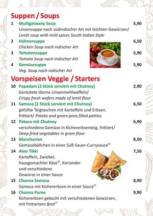 Speisekarte Seite 2: Suppen und vegetarische Vorspeisen