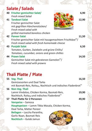 Speisekarte Seite 4: Salate und Thali-Platten