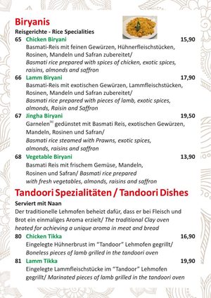 Speisekarte Seite 5: Biryani und Tandoori-Spezialitäten