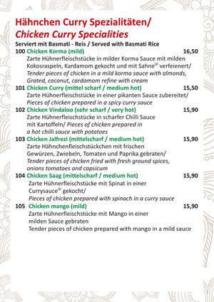 Speisekarte Seite 7: Hähnchen-Curry
