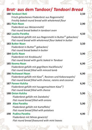 Speisekarte Seite 15: Brot aus dem Tandoor