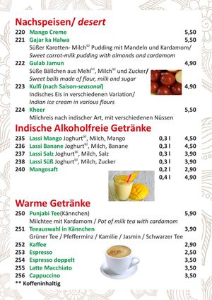 Speisekarte Seite 17: Nachspeisen, indische und warme Getränke